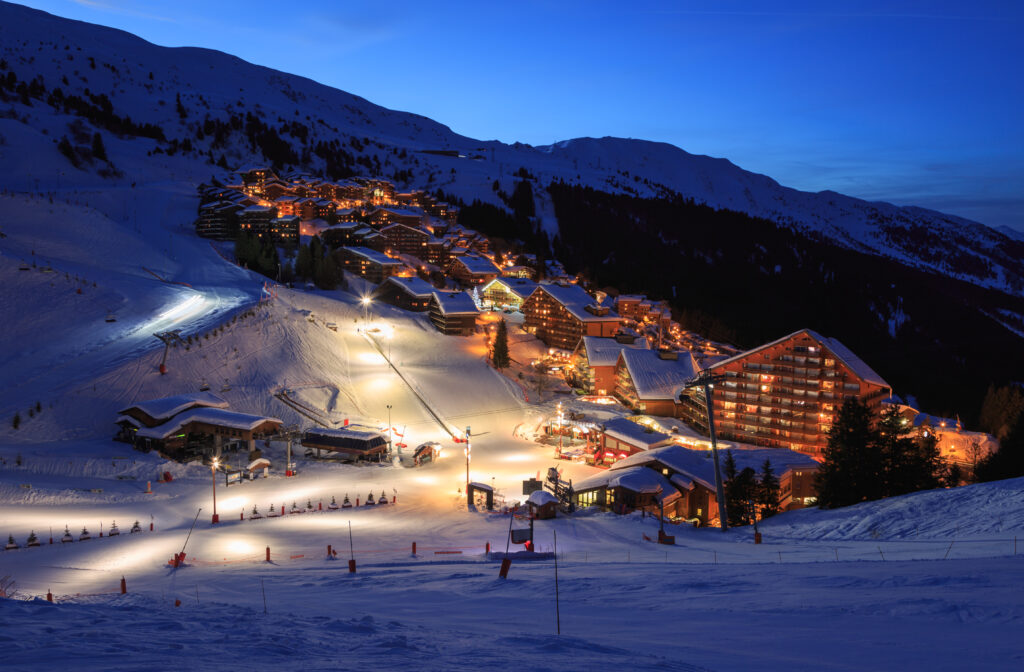 The slopes of a ski resort (Meribel Mottaret, France) in the evening.