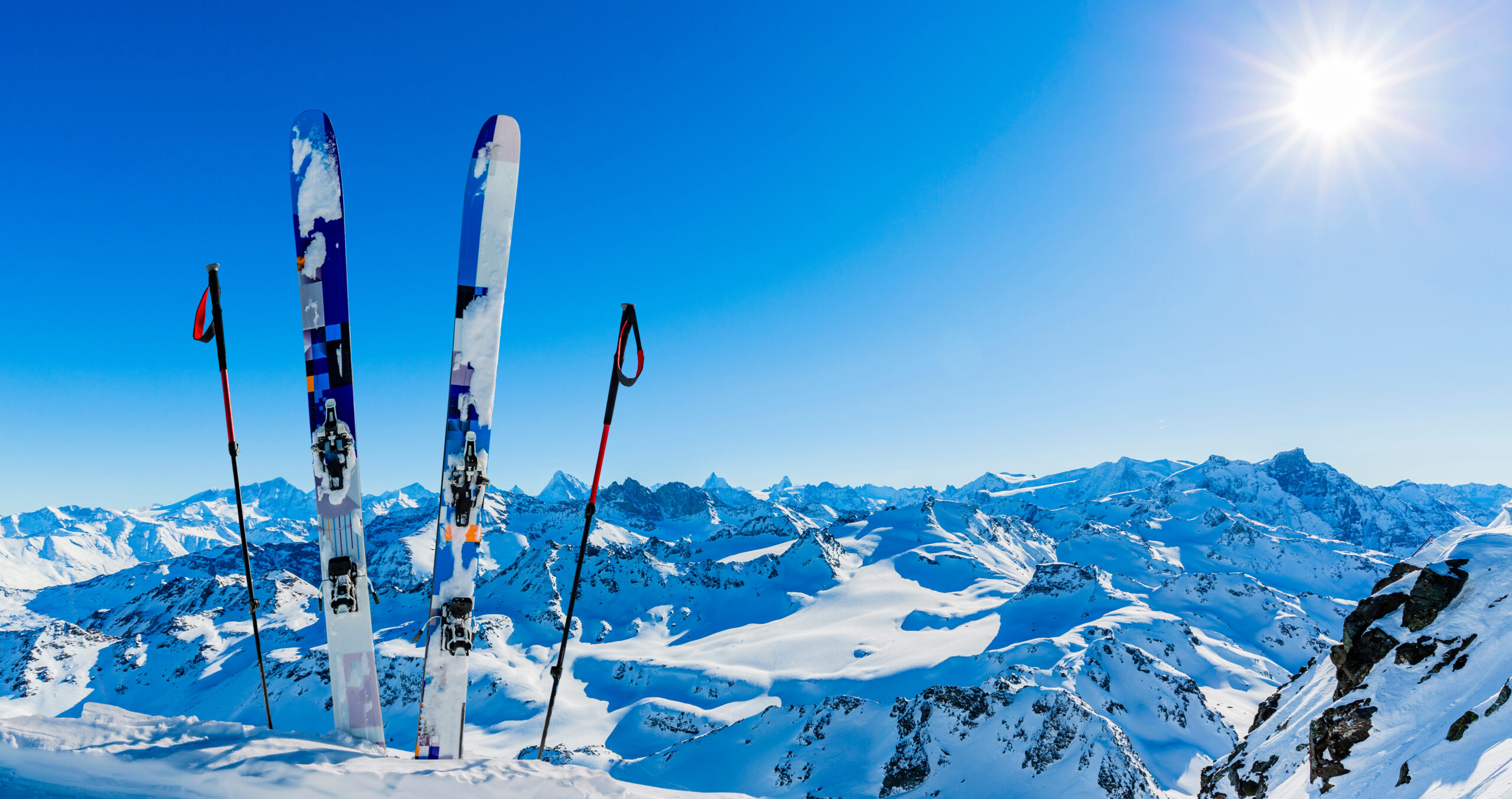 Ski area with amazing view of swiss famous mountains in beautiful winter snow Mt Fort. The matterhorn and the Dent d'Herens. In the foreground the Grand Desert glacier.